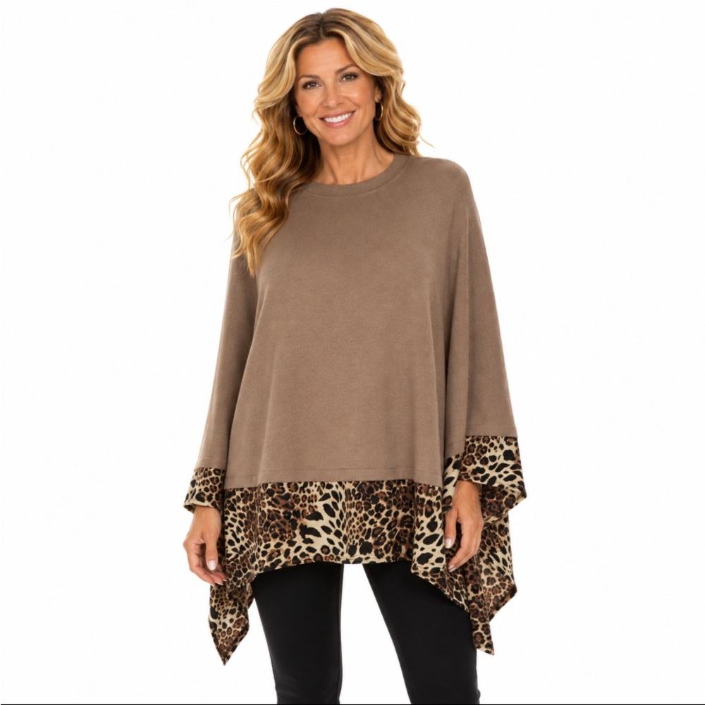 Taupe Leopard-Hem Poncho Sweater 💥NWOT💥